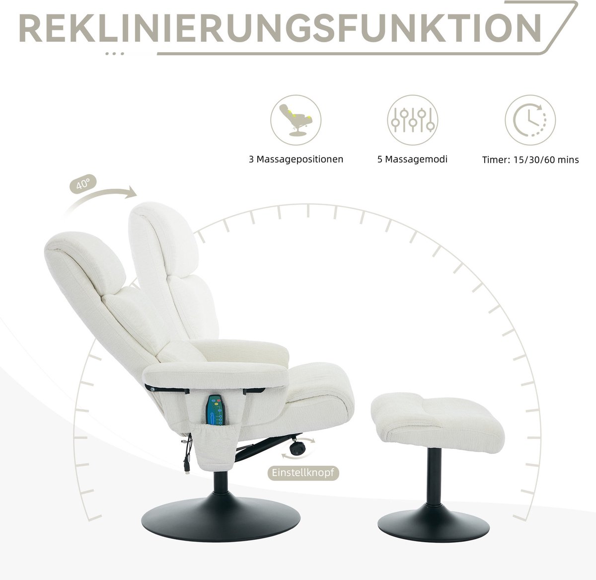 FloraGrace Relaxfauteuil Met 5-Punts Massage En Verwarming - 360° Draaibaar Met Hocker - Woonkamer Slaapkamer - Chenille - Wit – foto 7