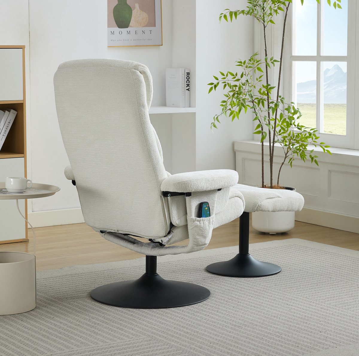 FloraGrace Relaxfauteuil Met 5-Punts Massage En Verwarming - 360° Draaibaar Met Hocker - Woonkamer Slaapkamer - Chenille - Wit – foto 8