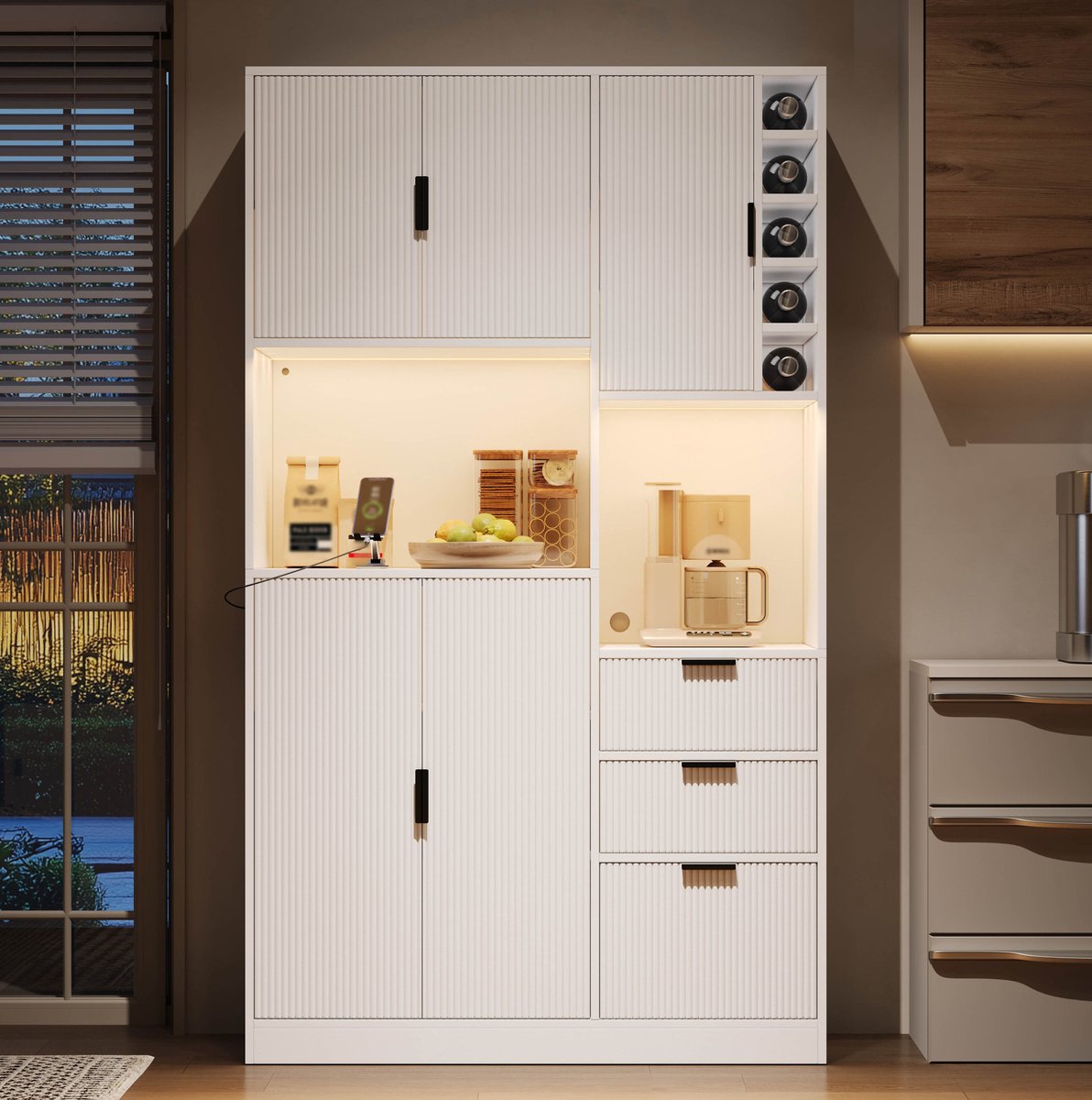 STILVORA Keukenkast - Hoge Buffetkast Met Ledverlichting, Stopcontacten En Wijnrek - 3 Lades - MDF - 105x40x180 Cm - Wit