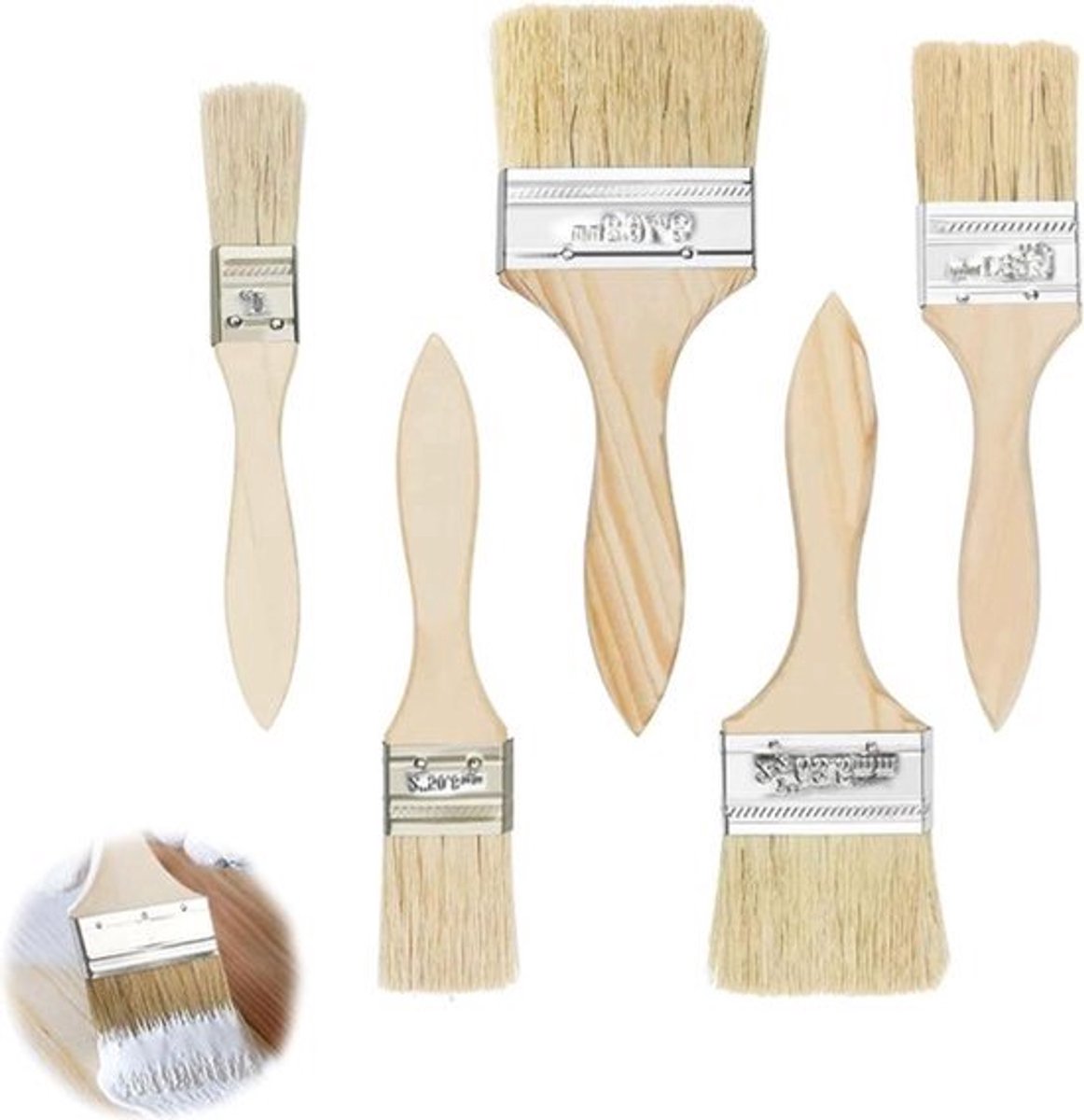 Platte penselen set van 5 - Schilderkwasten platte kwast met houten steel - Penseelset houten handvat - Glanskwast - Plat voor verf - Lakkwast vlakstrijkerset voor lakken lazuren oliën .