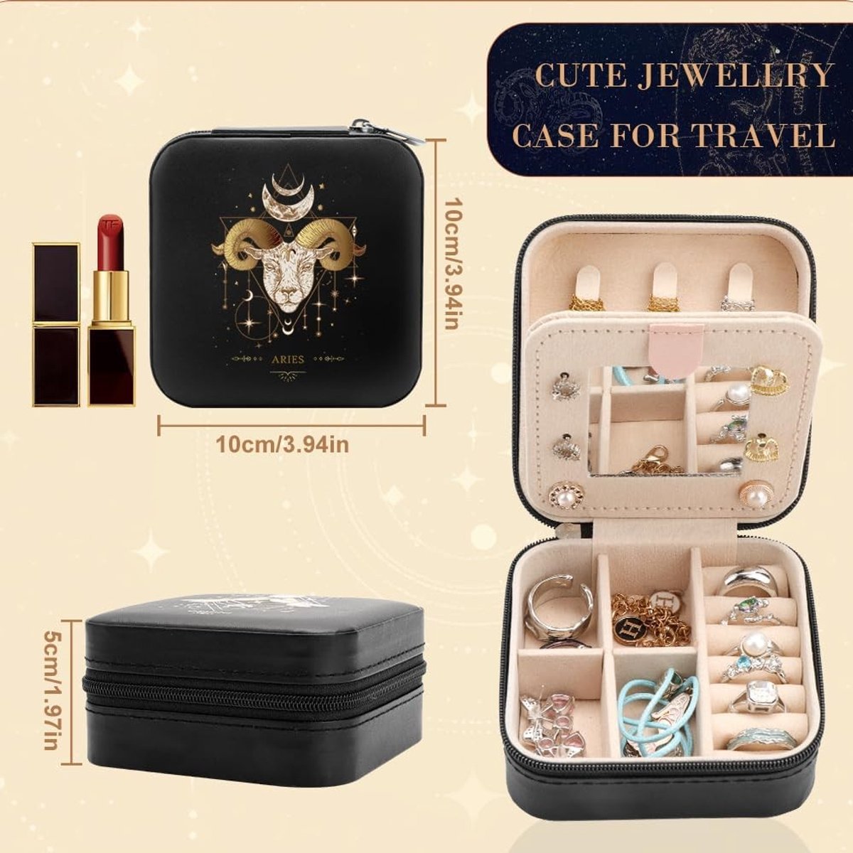 Gepersonaliseerde Reis-Sieradendoos met Spiegel, Compacte Organizer voor Sieraden, Perfect Cadeau voor Verjaardag, Valentijnsdag en Moederdag met Sterrenbeeld en Draagbaarheid