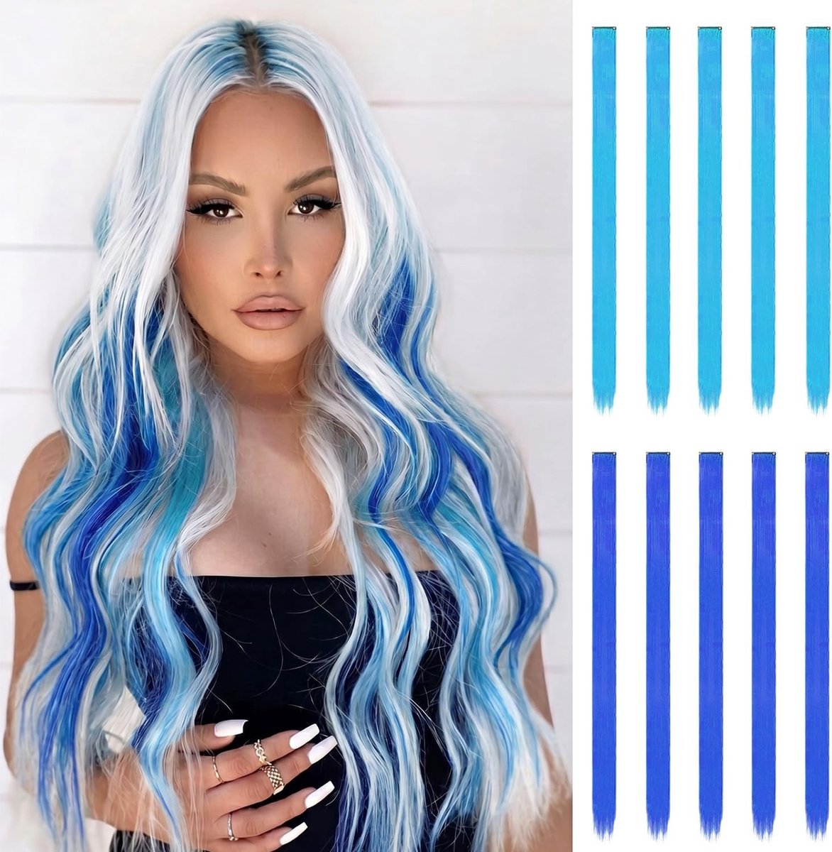 10 Stuks Blauwe Haarextensions van 22 Inch - Lange Rechte Clip-in Haarstukken voor Feest, Cosplay en Carnaval, Perfect voor Creatieve Styles en Kleuraccenten