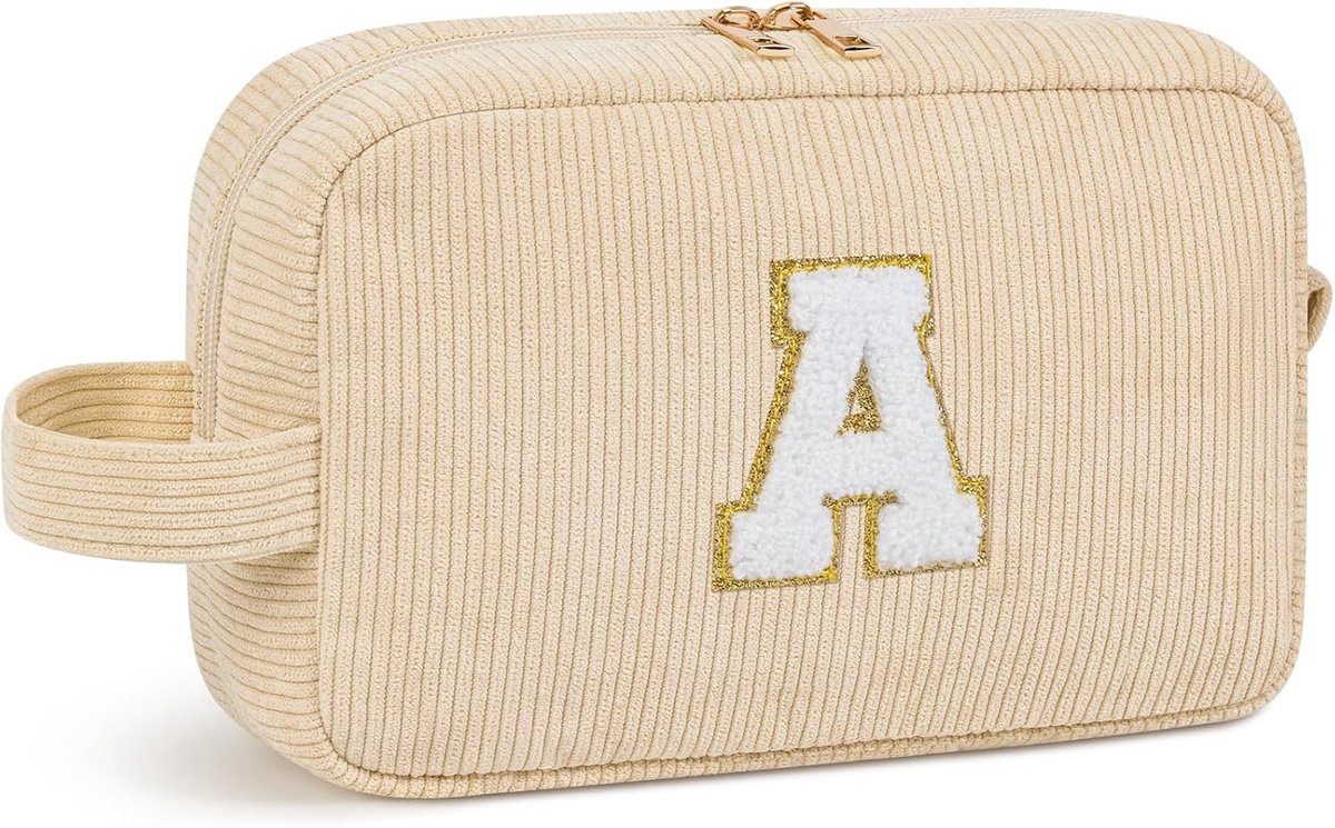 Schattige Corduroy Make-up Tas voor Vrouwen, Gepersonaliseerde Cosmetica Organizer met Aanpasbare Letters in Roze en Off-white, Retro Chic en Perfect als Cadeau voor Vriendinnen