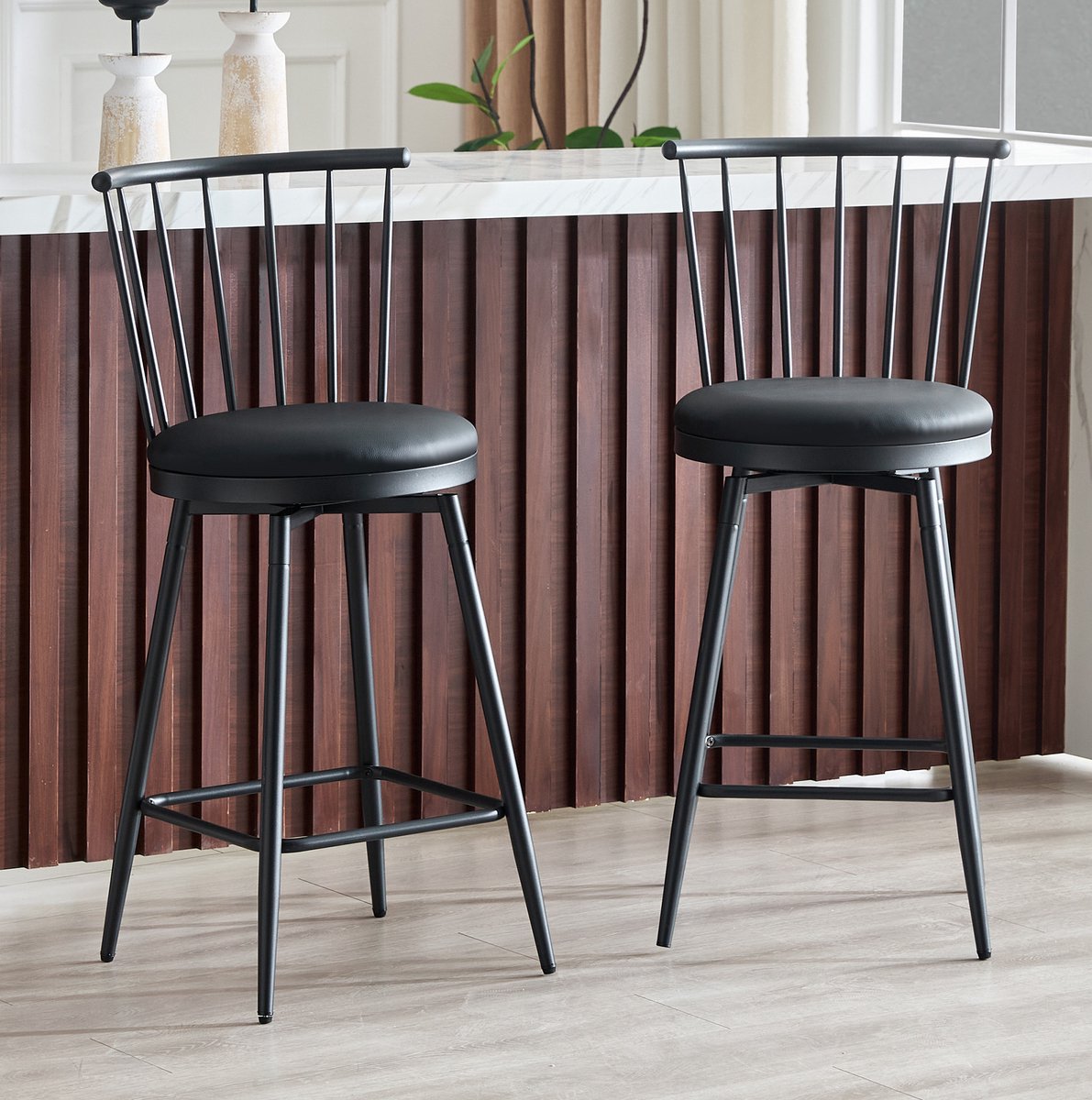 OKWISH Barkruk - 96 Cm - Windsor Rugleuning & Gewatteerde Zitting - Voor Keukeneiland en Bar - Metaal en Kunstleer - Zwart