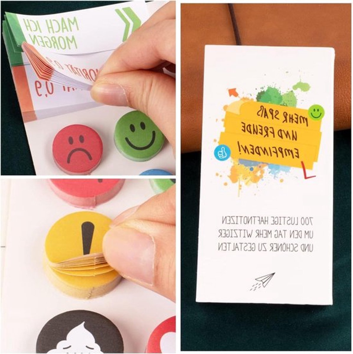 Zelfklevende notitieblaadjes met kleurrijke pagemarkers en grappige spreuken, ideaal voor gebruik op kantoor, school en thuis voor overzicht en plezier