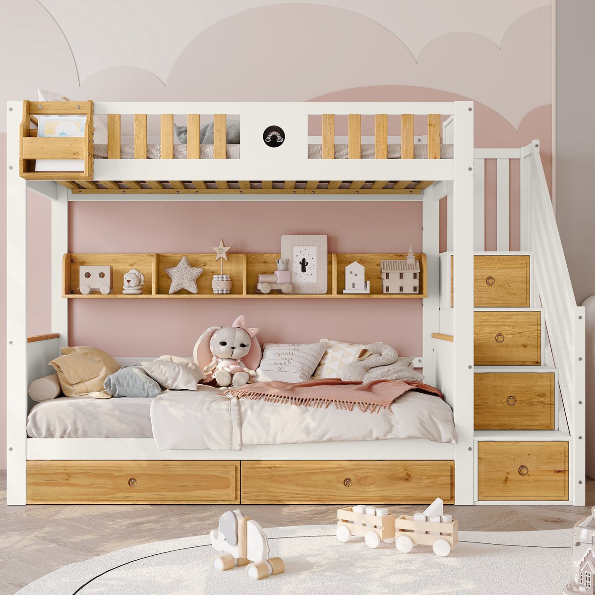 Kinder stapelbed met opbergtrap en schoolbord - 90x200 cm - Wit en naturel grenenhout - 2 lades en open legplanken - Valbeveiliging rondom - 4 trapkasten - Inclusief lattenbodem