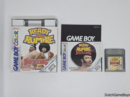 Game Boy Color-doos, handleiding en cartridge voor Ready 2 Rumble Boxing, met bokser met afro.