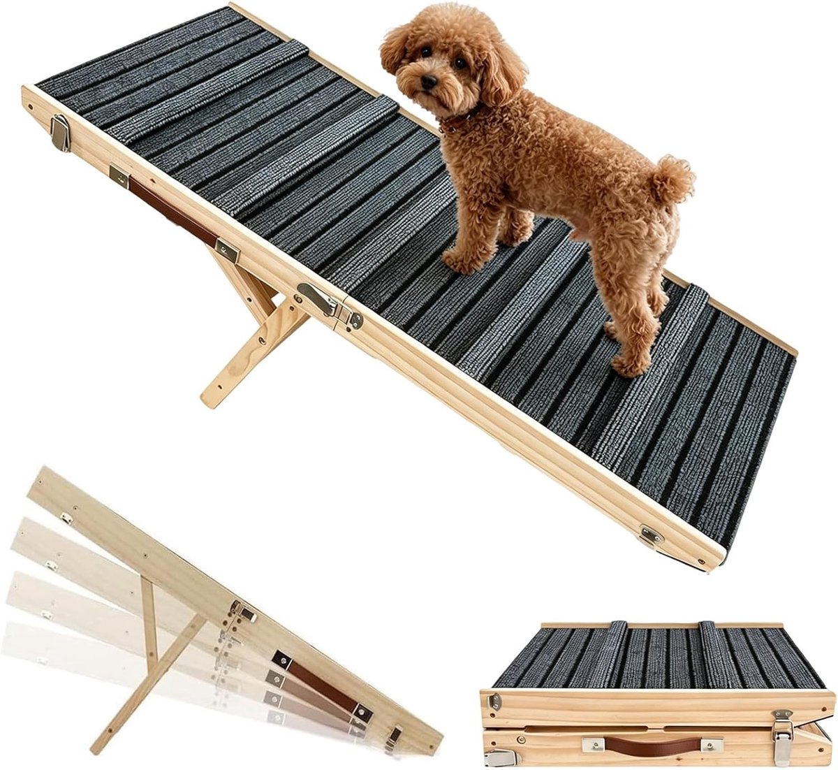 Inklapbare en in hoogte verstelbare hondentrijplaat van hout, 100 x 40 cm, antislipmat, ideaal voor kleine en oudere honden, stabiel voor auto, bank en bed