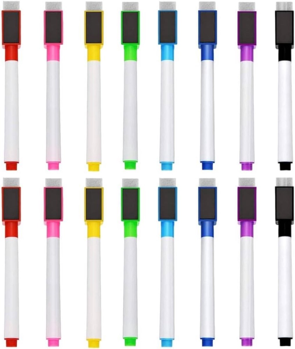 16 uitwisbare whiteboardmarkers in 8 kleuren, viltstiften met grote punt voor school, kantoor en thuisgebruik