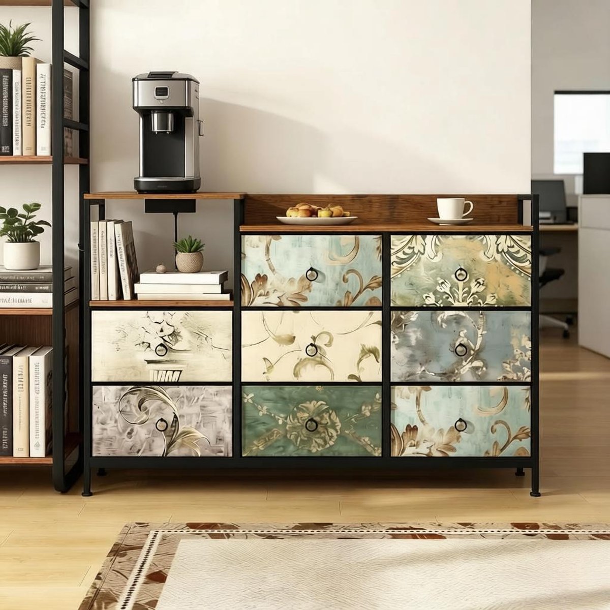 Wishdor - Ladekast - 8 stoffen lades en open vakken - industriële vintage stijl - voor hal slaapkamer of woonkamer - houtlook en metaal - meerkleurig - 132 x 29 x 88 cm