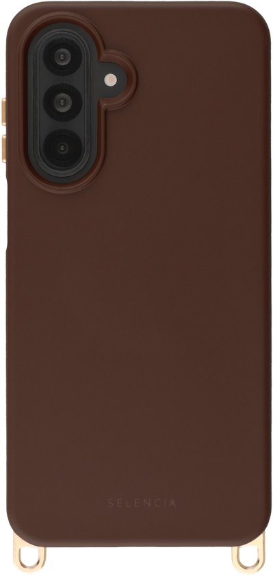 Bruin telefoonhoesje met cameralens, gouden knoppen en gouden haakjes.