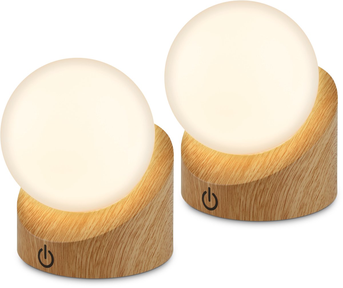 BRILONER Sora - Set van 2 Tafellampen oplaadbaar - warm wit licht - dimbaar - voor binnen en buiten - 10 x 8 x 9 cm - hout