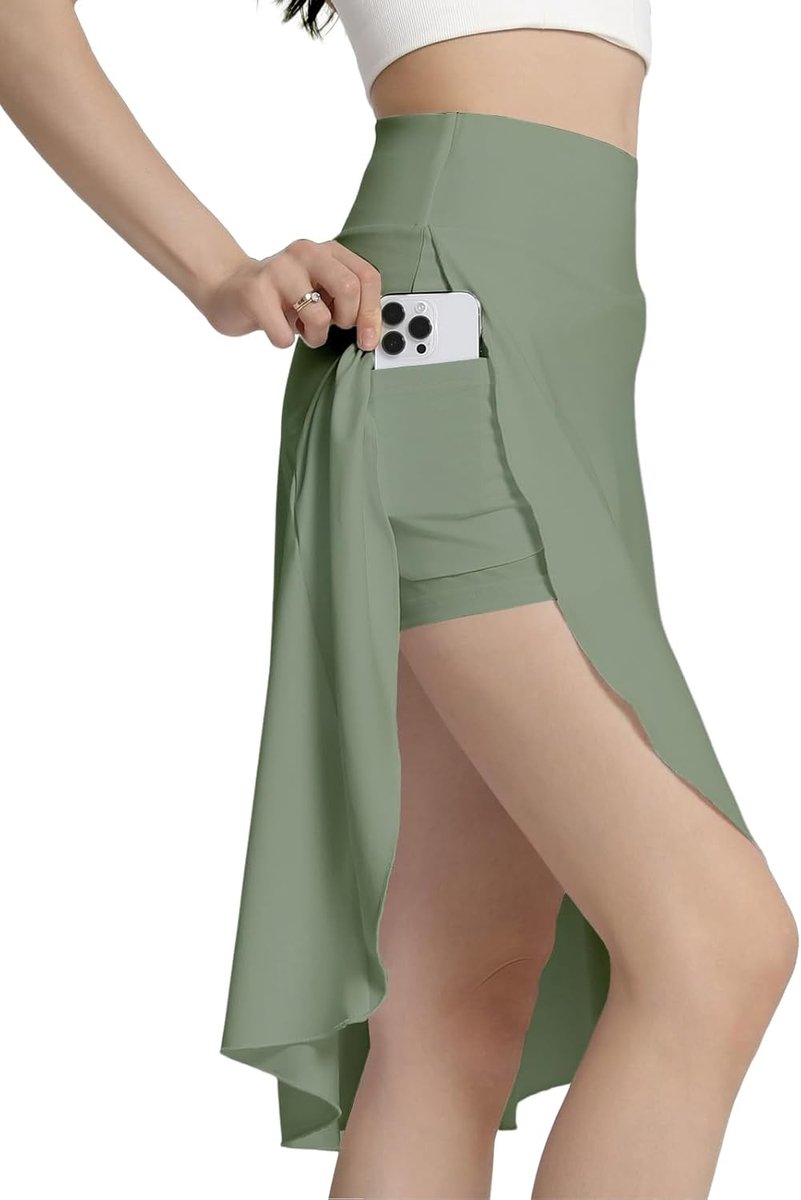Dames Sportieve Korte Rok met Hoge Taille en Zakken, Midi Lengte met Vloeiende Rimpelrand