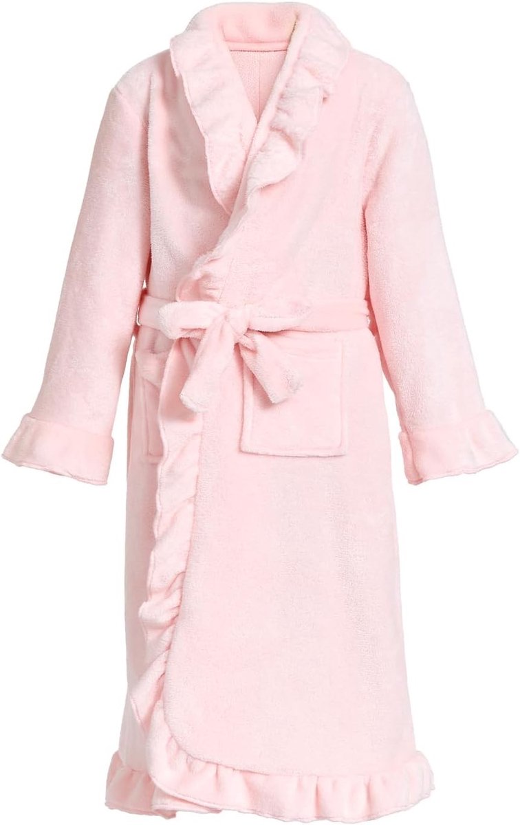 Luxe flanellen meisjesbadjas met ruches, warme en zachte fleece ochtendjas met riem en zakken voor kinderen