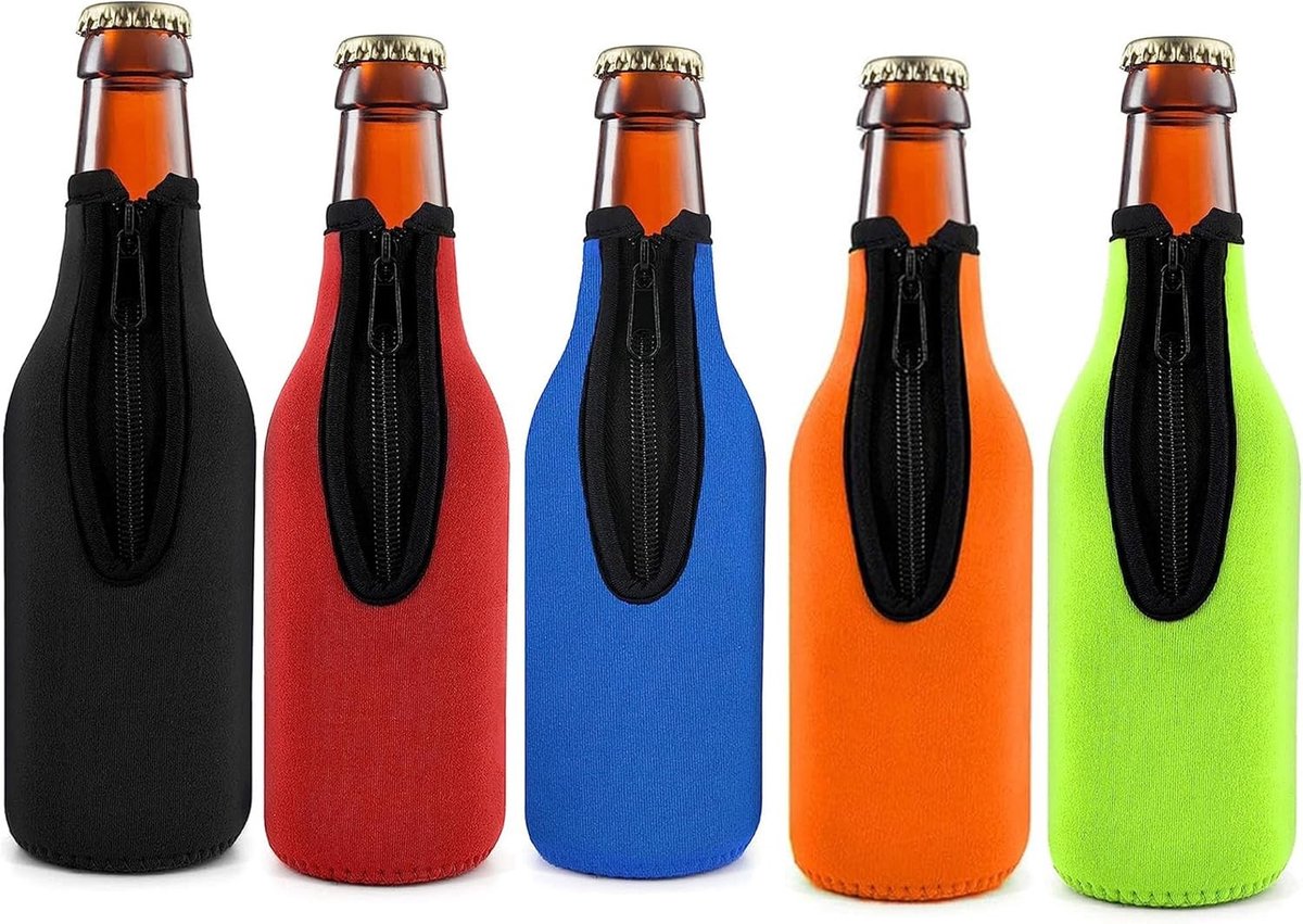 Set van 5 Elastische 12 oz Flessenhoezen met Rits - Koelers voor Bierflessen, Perfect voor Feesten en Buitenevenementen