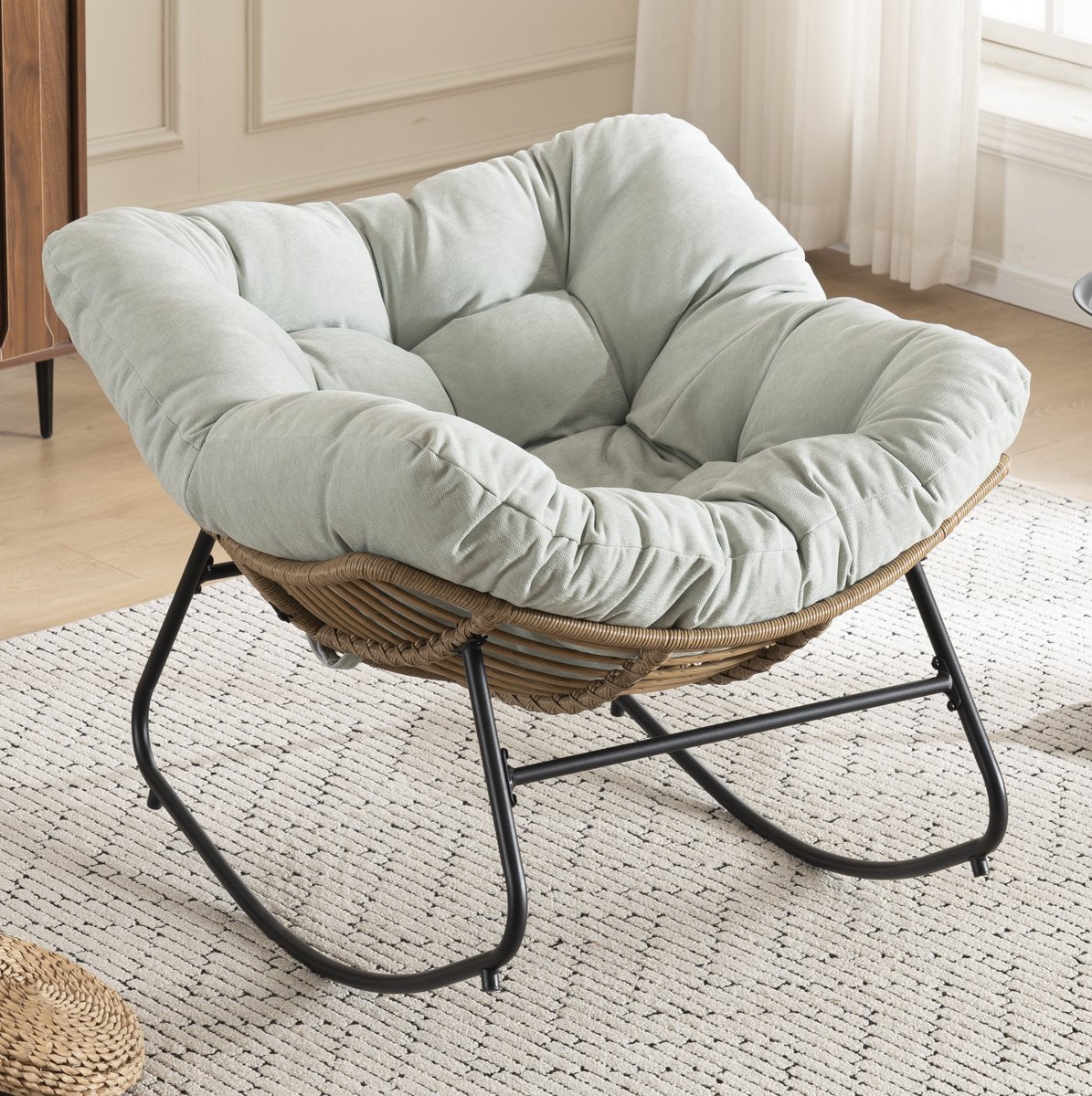 FloraGrace Schommelstoel – Chenille Fauteuil – Met Gewatteerde Zitting En Stevig Metalen Frame – Voor Woonkamer, Slaapkamer Of Leeshoek – Lichtblauw