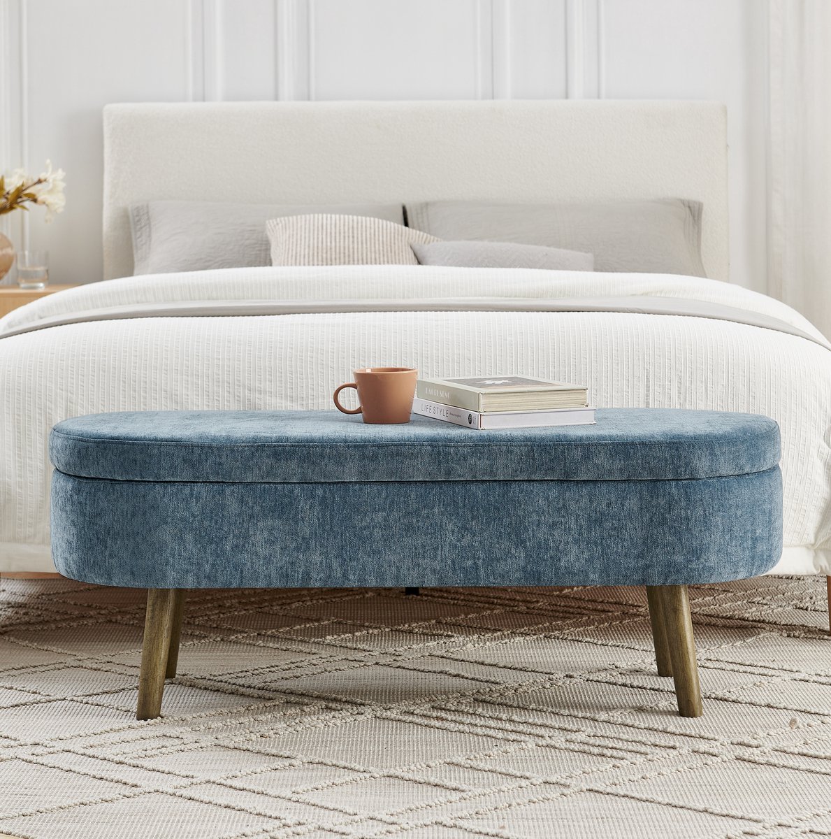 MIVRAY Bankje 110 x 40 x 42 cm - Opbergbank Met 20 L Opbergruimte En Zacht Scharnierend Deksel - Voor Slaapkamer En Hal - Chenille Blauw
