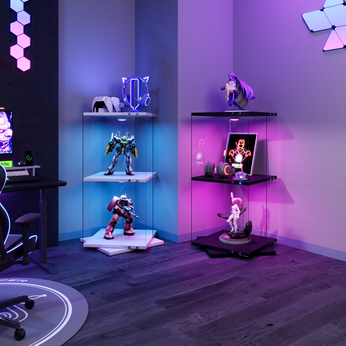 360° draaibare glazen vitrinekast met LED-verlichting, 2/3/4 planken, glazen kast, displaykast, vitrine, open glazen wand. Modern displayrek voor de woonkamer.