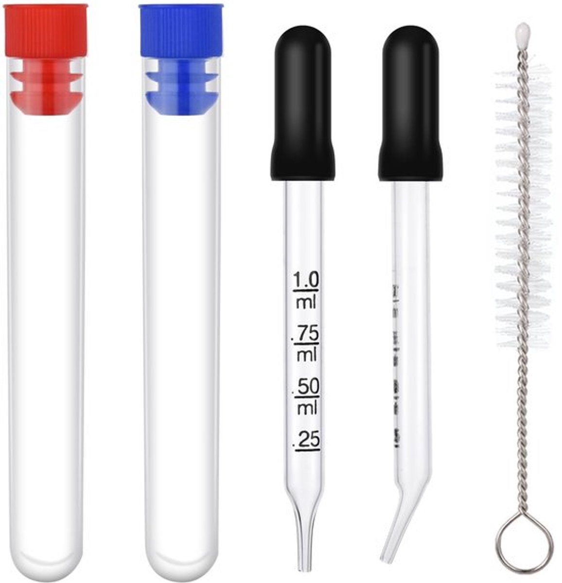 2 stuks 1 ml oogdruppelaar, glazen pipet met maatverdeling, gebogen en rechte punt, kalibr