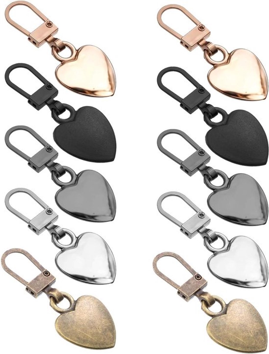 Set van 10 hartvormige ritsbedels van 36 cm in 5 verschillende kleuren, ideaal voor het personaliseren van kleding en accessoires