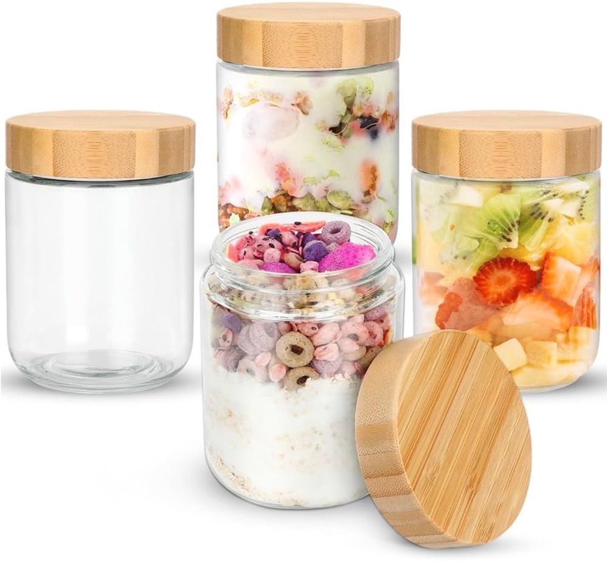 Set van 4 Herbruikbare Glazen voor Maaltijdpreparatie, 500ml Ochtendhavermout Glazen met Deksel, Ideaal voor Yoghurt, Jam, Salade en Milkshake