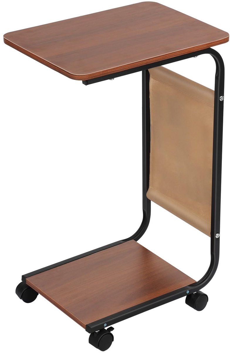 Verplaatsbare bijzettafel - met wielen en opbergtas - Salontafel - Banktafel voor de woonkamer - Laptoptafel - Nachtkastje - 40*28,5*64 cm - Zwart
