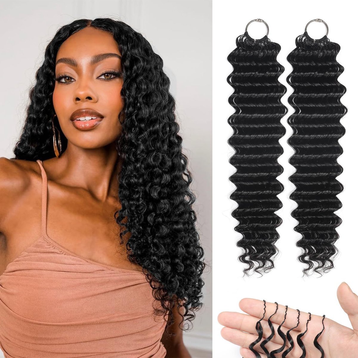 2-Stretch Golvende Haarextensies(ongeveer 40 strengen) - Ca. 35,5 cm Gehaakte Haarextensies van Echt Haar - Krullend, Klittenvrij, Voorgescheiden - Onzichtbaar "Wet Wave" Effect - Zwart