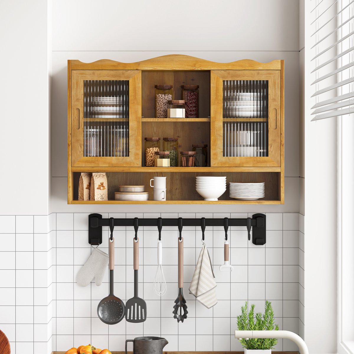 MODFU - Kast - Wandkast - Retro - Schuifdeur - Naturel - Hout - Glas - 90 Cm