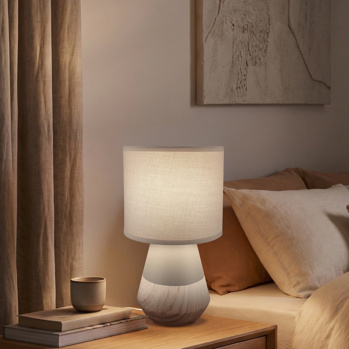 BRILONER Linda - Tafellamp slaapkamer - met stoffen kap & keramiek voet - bedlamp - tafellampje - E14 - Ø18 x 34cm - grijs/hout
