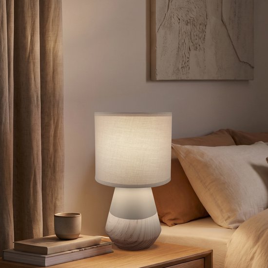 BRILONER Linda - Tafellamp slaapkamer - met stoffen kap & keramiek voet - bedlamp - tafellampje - E14 - Ø18 x 34cm - grijs/hout