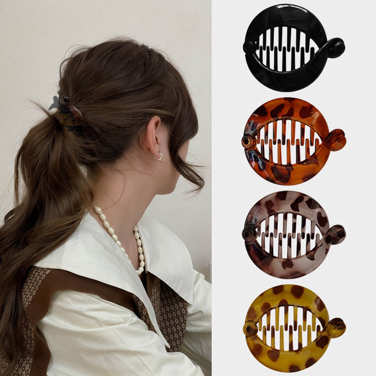 Ronde Acetaat Haarclip - Bananenclip - 6,3x5,2cm - 4 Kleuren -Trendy Ronde Haarclip - Voor Paardenstaarten - Acetaat