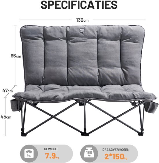 TIMBER RIDGE Campingbank 2-zits - Grijs, 130 cm breed, belastbaar tot 300 kg, met afneembare hoes en opberghoes van Timber Ridge — afbeelding 3