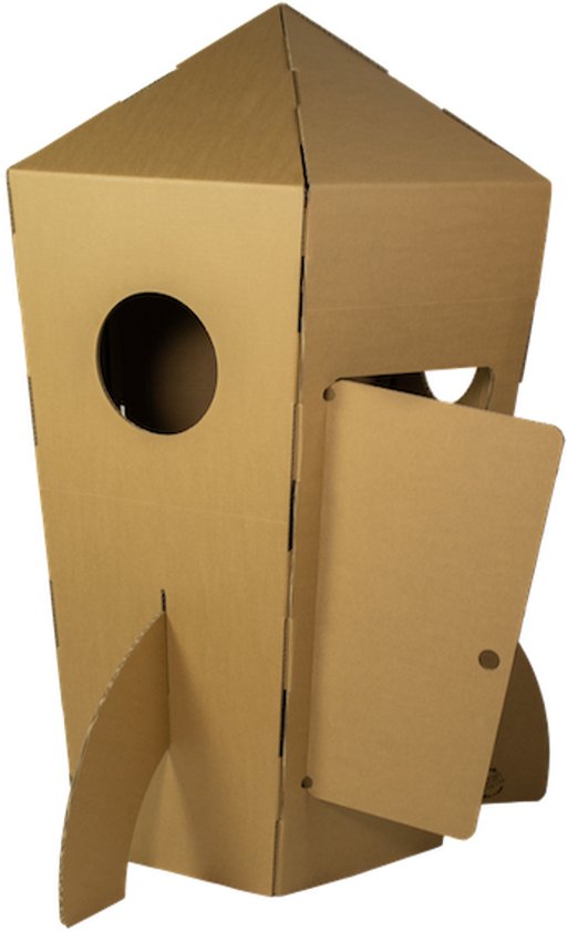 Kartonnen raket, 63x63x125 cm, met deur en ronde ramen.