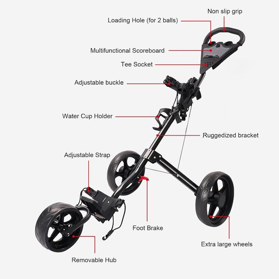 Opvouwbare Golfkar - Golf Trolley Golf Duwwagen - Golfen Op De Baan - Snel Opvouwbaar Gespmechanisme - 3 Wielen - Zilver — afbeelding 2