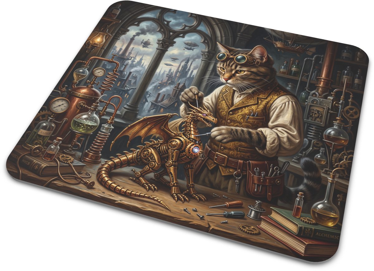 Muismat Steampunk Kat Uitvinder Klassiek Renaissance Olieverfschilderij van Kat met Klokwerk Draakje in Laboratorium Schattige Bureau Onderlegger voor Thuiswerkplek en Kattenliefhebber 22x20 cm