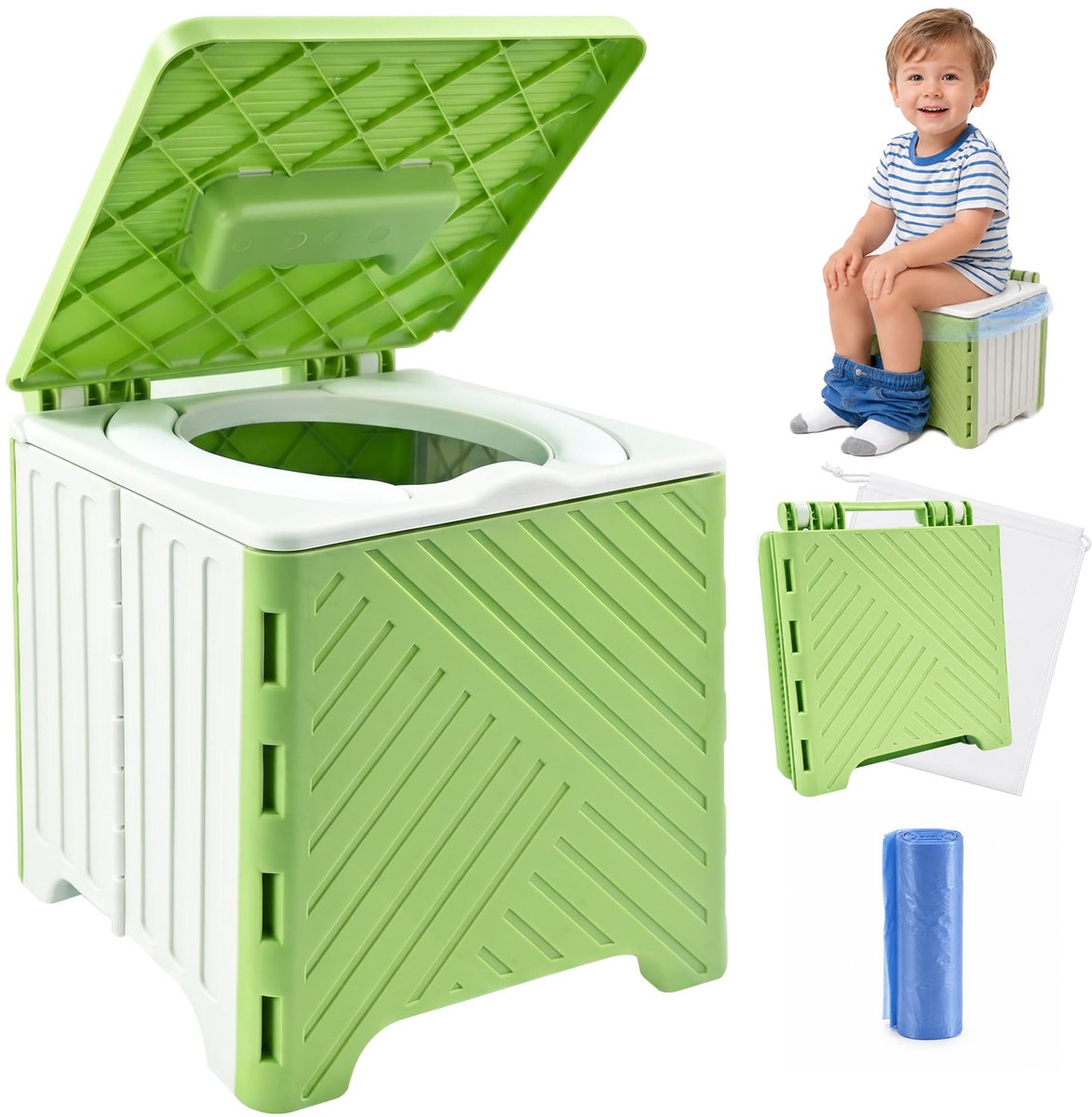 Namajunas - WC potje peuter - Opvouwbare kruk - Met schoonmaakzak - Draagbaar - Antislip & Uitneembare binnenkant - Reiswc-bril voor kinderen - Geschikt voor kamperen en reizen - Groen