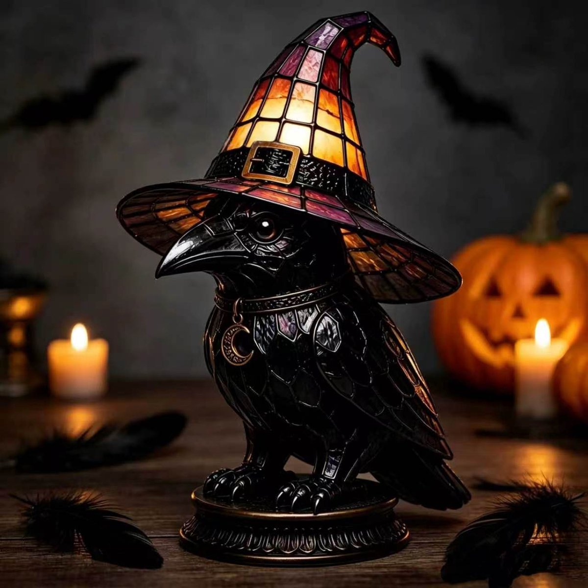 Casalora® Halloween Heksenhoed Lamp – Gotische Hars Decoratie met LED Licht – Magische Nachtlamp voor Tafel, Woonkamer & Feestdecoratie – Paarse Hoed - Kraai