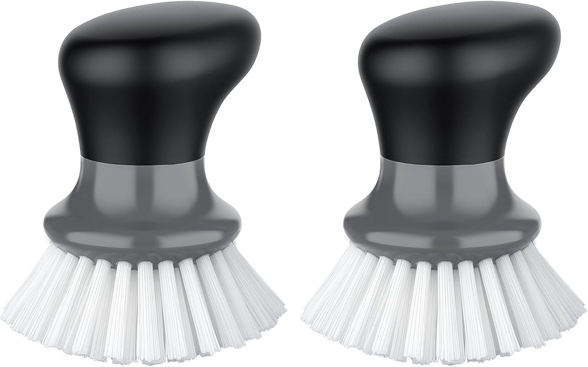 Palm afwasborstel met ergonomische handgreep - grijs - set van 2 - Keukenborstel voor pannenbak schoonmaken