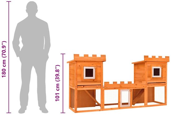 Een man van 180 cm staat naast een houten konijnenhok van 101 cm hoog met twee verdiepingen en kasteeldetails.