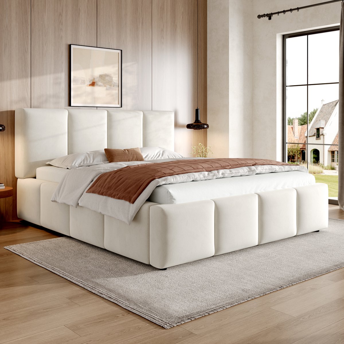 VVBV Tweepersoonsbed 180x200 cm - Gestoffeerd Hoofdbord, Met Lattenbodem - Beige, Chenille