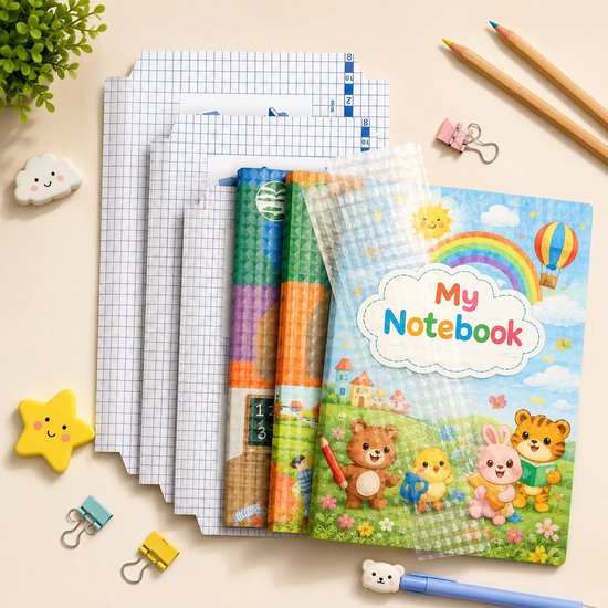 Set van schriften met geruit papier en zelfklevende kaften. De kaften tonen een regenboog, dieren en 'My Notebook'.