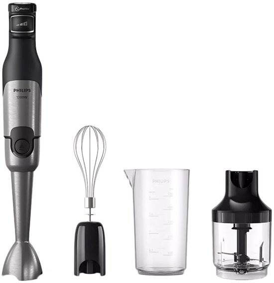 Philips staafmixer set: RVS staafmixer, garde, hakmolen en maatbeker.