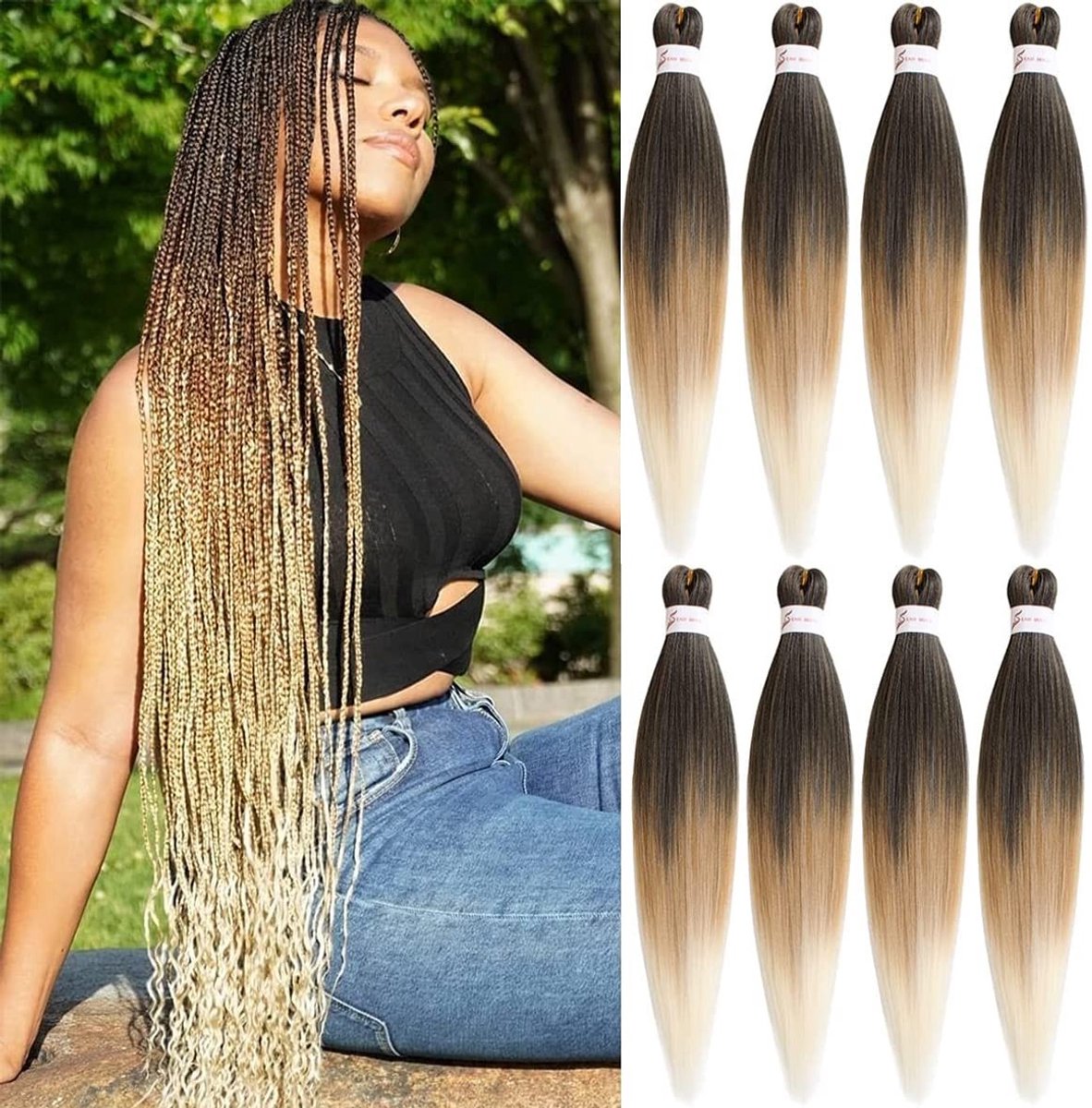 Solidchoice - 8 Stuks Vooraf Gestrekte Vlecht Haar Extensions 36 Inch