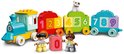 Blauw met gele locomotief, rode wagon met '123', groene wagon met '456' en blauwe wagon met '789'. Met twee kinderen, een hondje en cijferblokken.