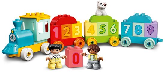 Blauw met gele locomotief, rode wagon met '123', groene wagon met '456' en blauwe wagon met '789'. Met twee kinderen, een hondje en cijferblokken.