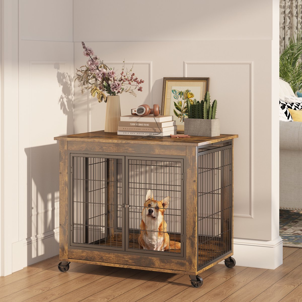Intebiki hondenbench meubel - 80*56*69.5 cm hondenkooi - Houten kenneltafel met dubbele deuren - met 360° draaibare wielen - Retro bruin