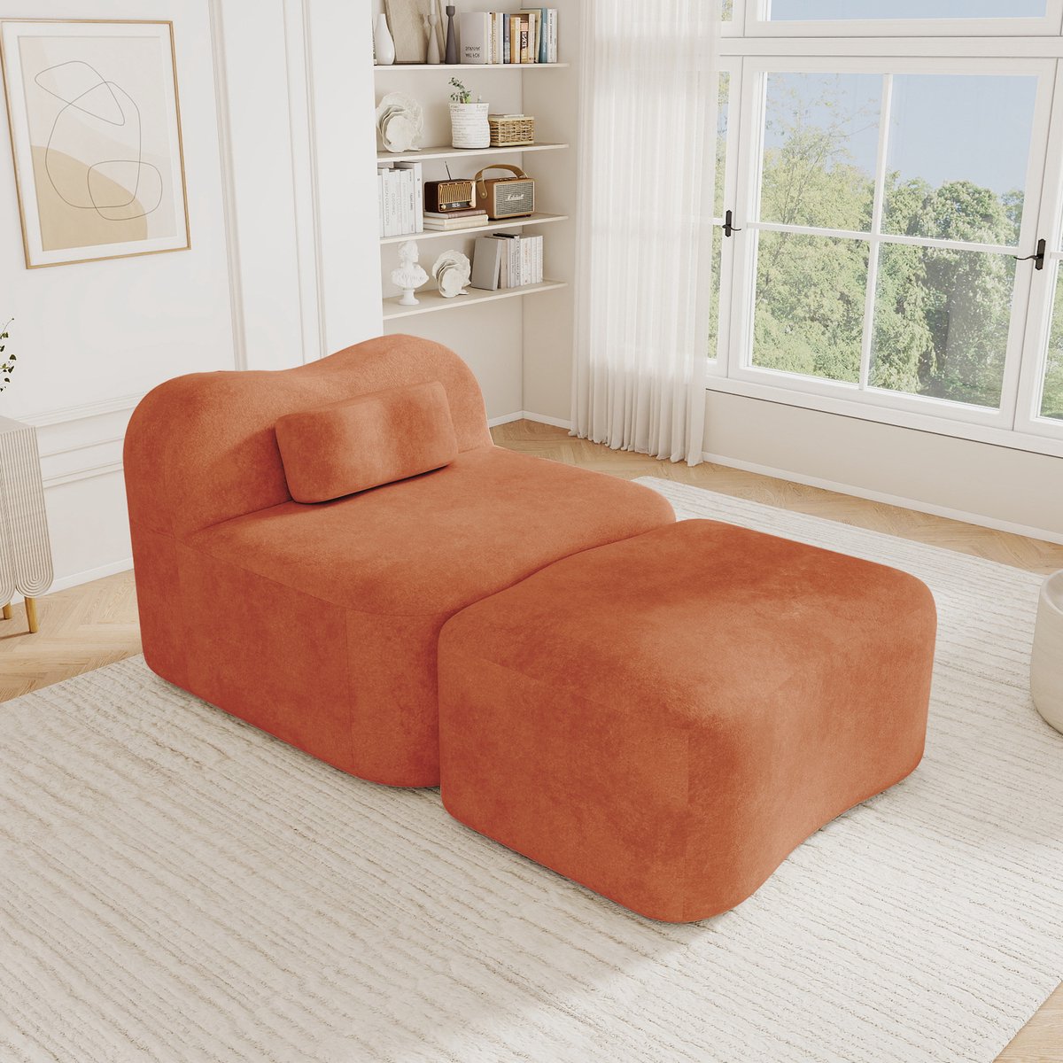 Modulaire 1-Zits Bank - Velvet Cloud Sofa Oranje Met Hocker - Frameloze Lounge Fauteuil Met 32D Schuimvulling En Golvend Design - Zachte Relaxstoel Met Verplaatsbare Rugleuning Voor Woonkamer