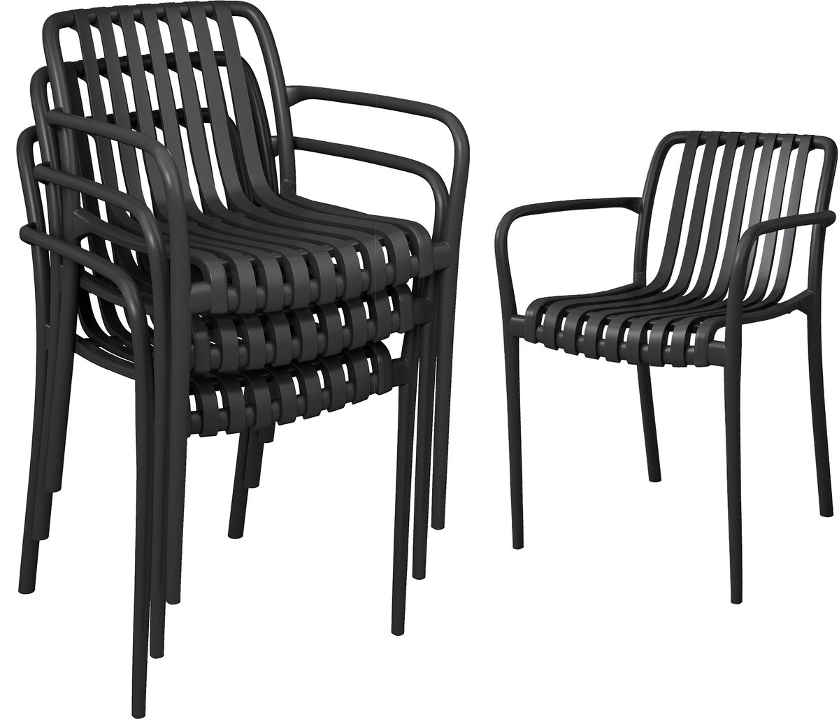 ECTEATOY® Set van 4 Stapelbare Tuinstoelen - Terrasstoelen met Armleuning en Gebogen Rugleuning - Zwart