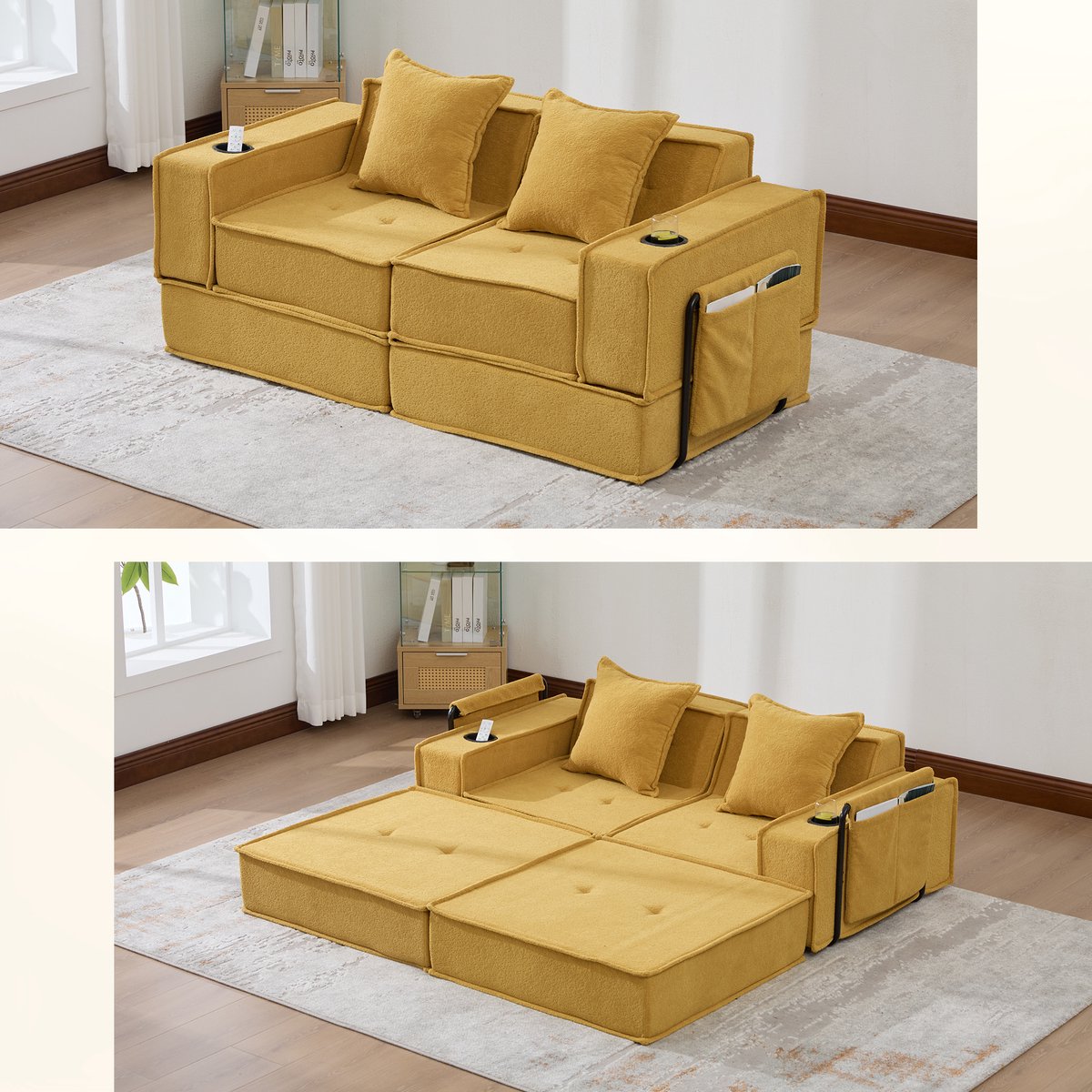 Slaapbank 2-Zits - Chenille Bank Met Hocker En Opbergruimte - Moderne Lounge Sofa Met Voetenbank En Bekerhouder - Zachte Fluwelen Bank Voor Woonkamer, Leeshoek En Speelkamer - Mosterdgeel