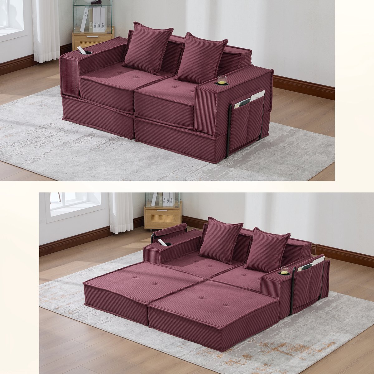 2 Zits Slaapbank - Ribstof Lounge Bank Met Hocker En Opbergruimte - Moderne Sofa Met 2 Kussens En Bekerhouder - Comfortabele Relaxbank Voor Woonkamer, Leeshoek En Gameroom - Wijnrood